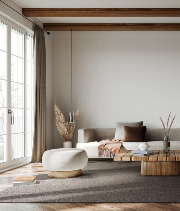 Modern interior design of living room with wooden beams and empty white wall background